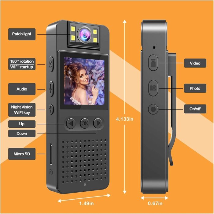 Gráfico mostrando las características de la cámara corporal: lente giratorio, visión nocturna, batería duradera.