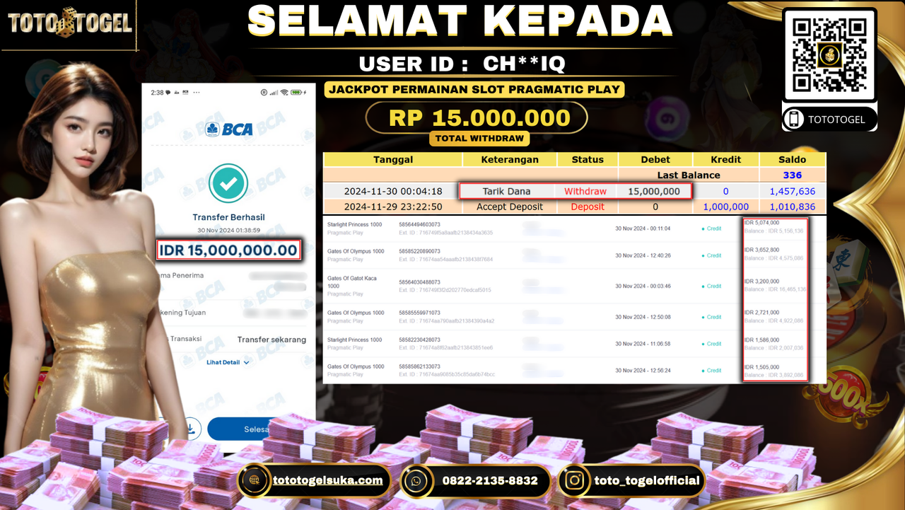 Bukti Pembayaran Jackpot Permainan Slot Pragmatic Play ID: CH**LIQ LUNAS 