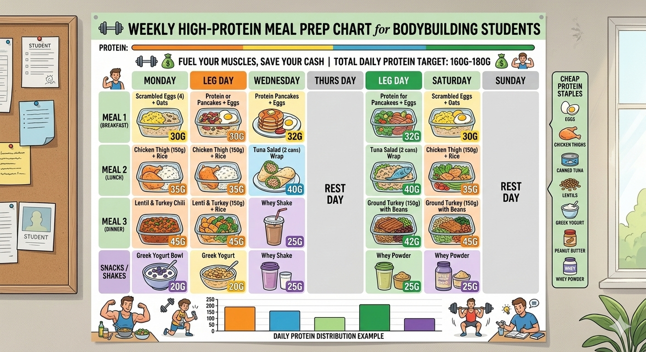 Student shopping for groceries with calculator and shopping list for cheap meal prep ideas for bodybuilding students