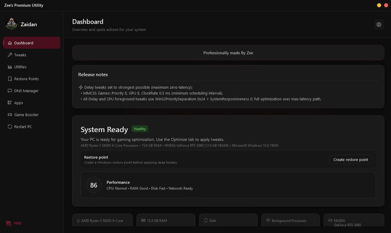 ZEE Premium Utility dashboard