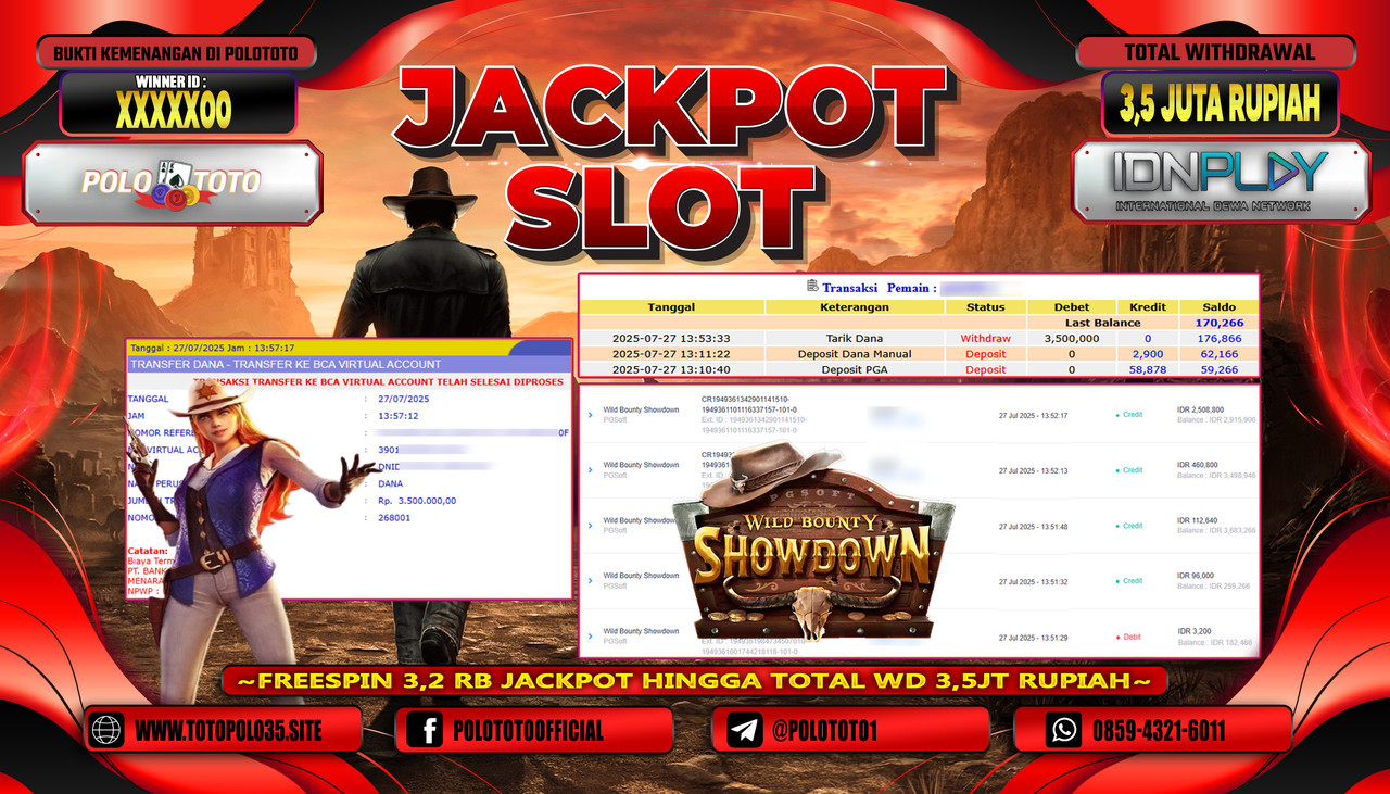 POLOTOTO JACKPOT SLOT WILD BOUNTY SHOWDOWN Rp.3.500.000,- LUNAS
