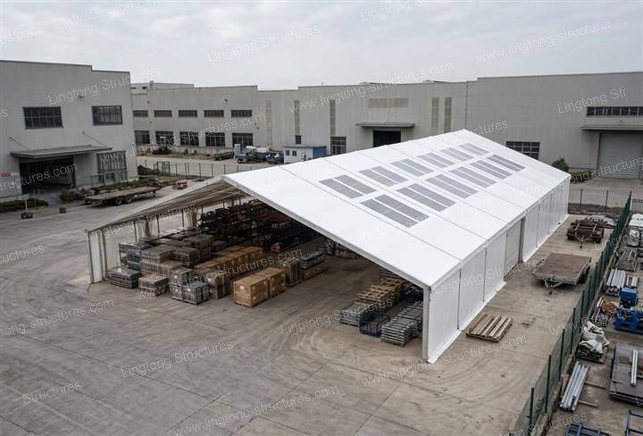 Construction site storage tent covering building materials and equipment