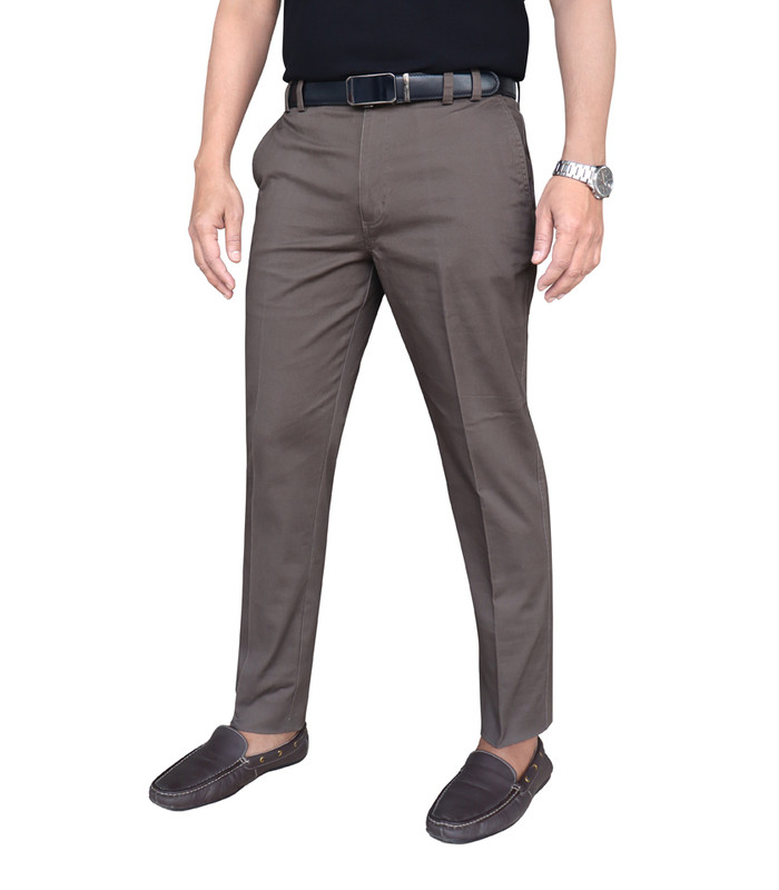 Men’s Trouser 100% Cotton Slim Fit Plain Front Cross Pocket Color: 857 (12 Chocolate)