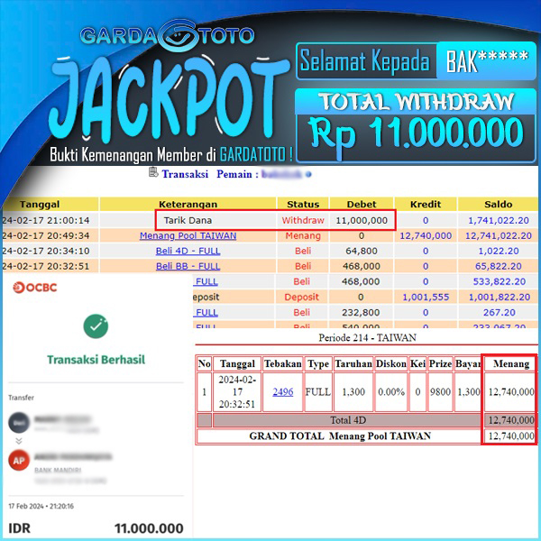 JACKPOT TOGEL DI PASARAN TAIWAN WD Rp 11.000.000,- DIBAYAR LUNAS