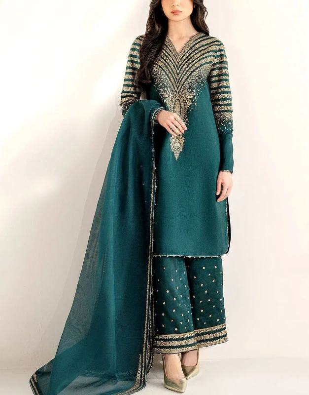 Teal-Green Raw Silk Dress – Emb Sleeves, Bottoms & Organza Dupatta