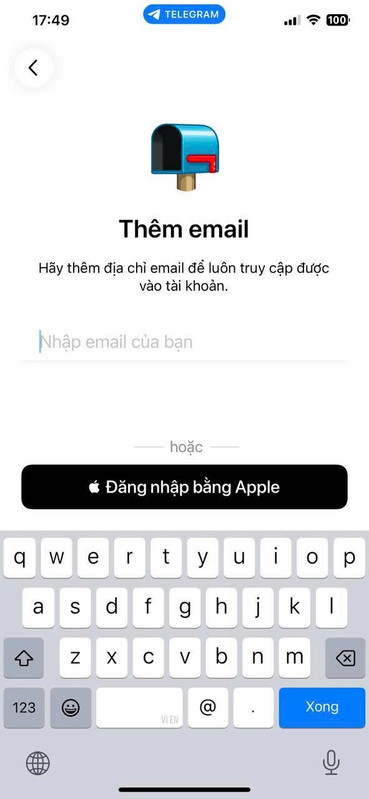Thêm mail vào tài khoản Telegram