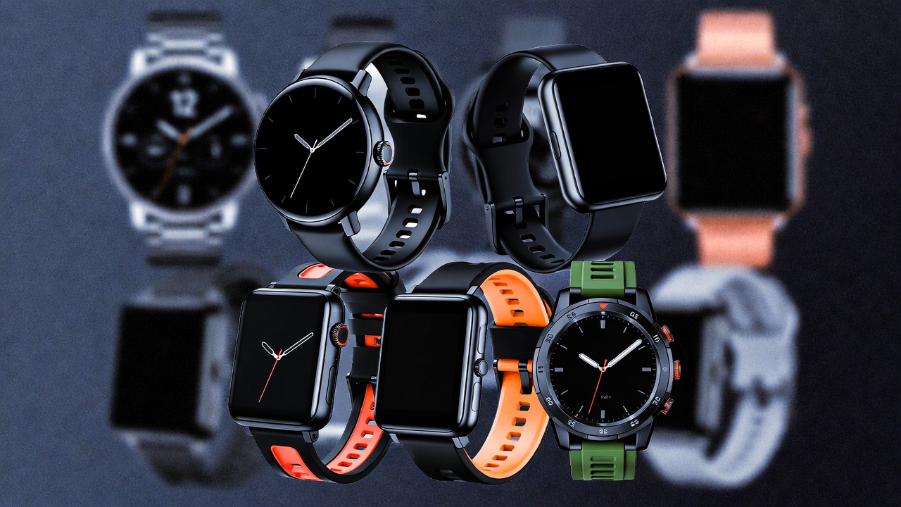 Collage of five budget smartwatches under fifty dollars including Amazfit and Xiaomi models