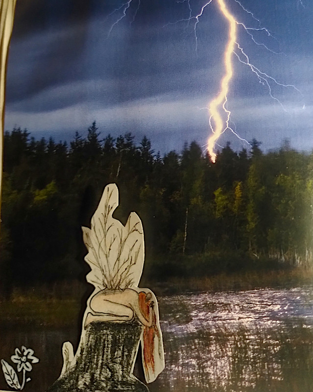 collage d'éclair, dessin d'une fée de la nature recroquevillée
- un autre jour