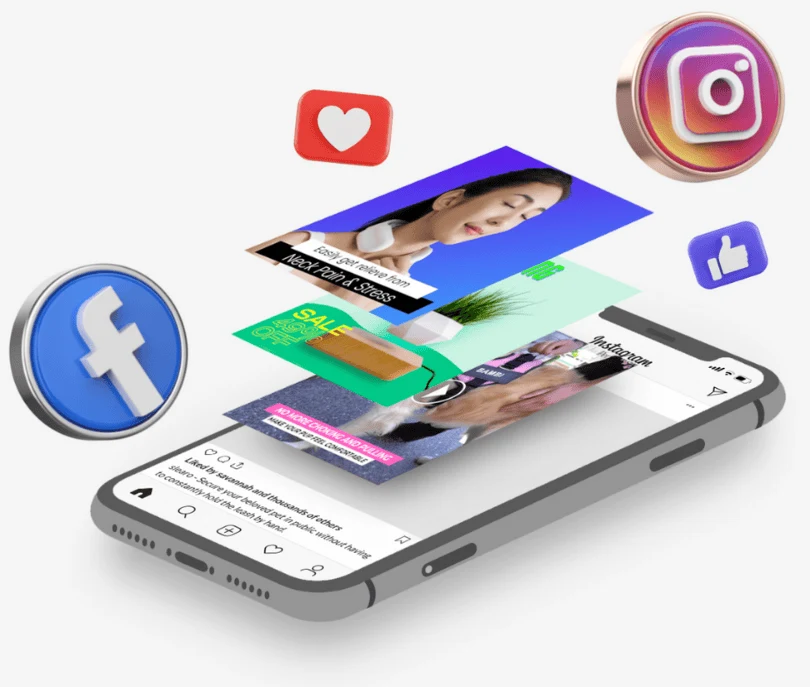 Illustration showing a smartphone with engaging ad creatives, Facebook and Instagram icons, and social media elements, representing how our agency builds data-driven ad strategies to deliver high-performing results