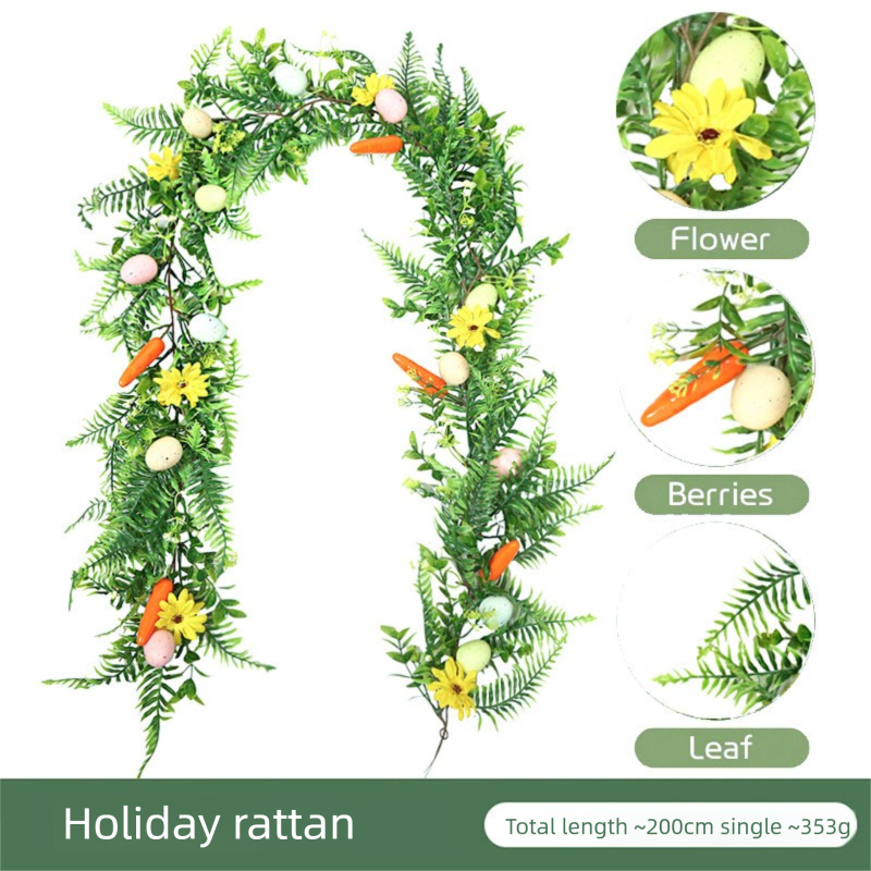 Easter Artificial Garland – 200cm Decorative Vine with Eggs, Carrots, Flowers and Leaves for Table Centerpiece or Party Decoration