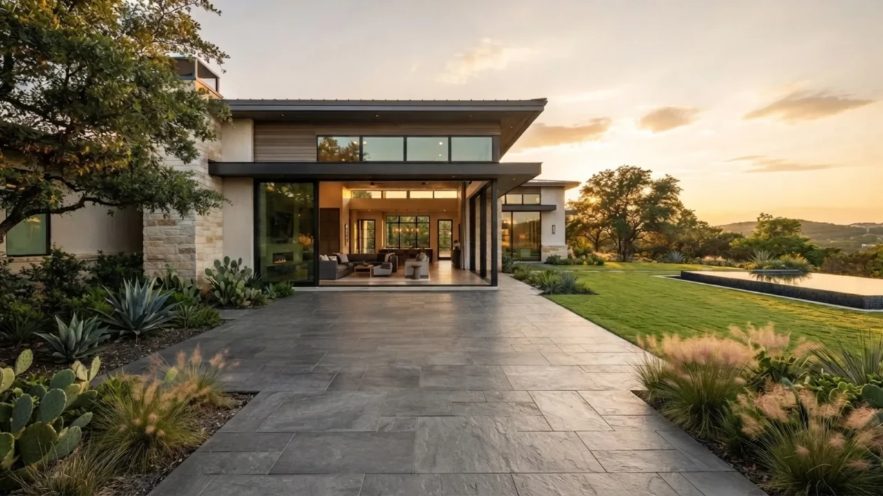 Ashlar slate stamped concrete patio San Antonio contemporary home