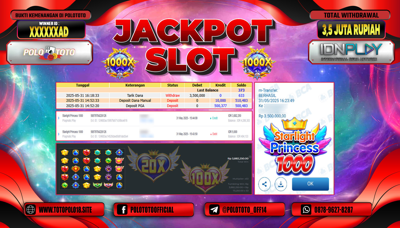 POLOTOTO JACKPOT SLOT STARLIGHT PRINCESS 1000 Rp.3.500.000,-