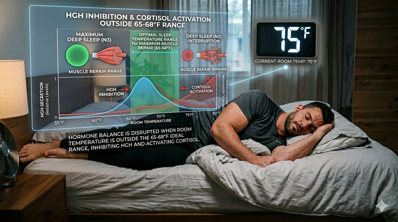 Chart showing HGH inhibition and cortisol activation outside 65-68°F range for optimal sleep temperature for maximum muscle repair