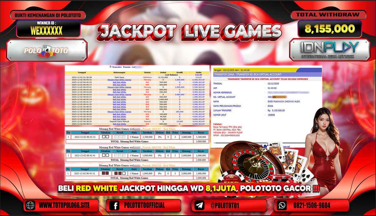 POLOTOTO JACKPOT LIVE GAMES MENANG RED WHITE GAMES Rp.8.155.000,- LUNAS