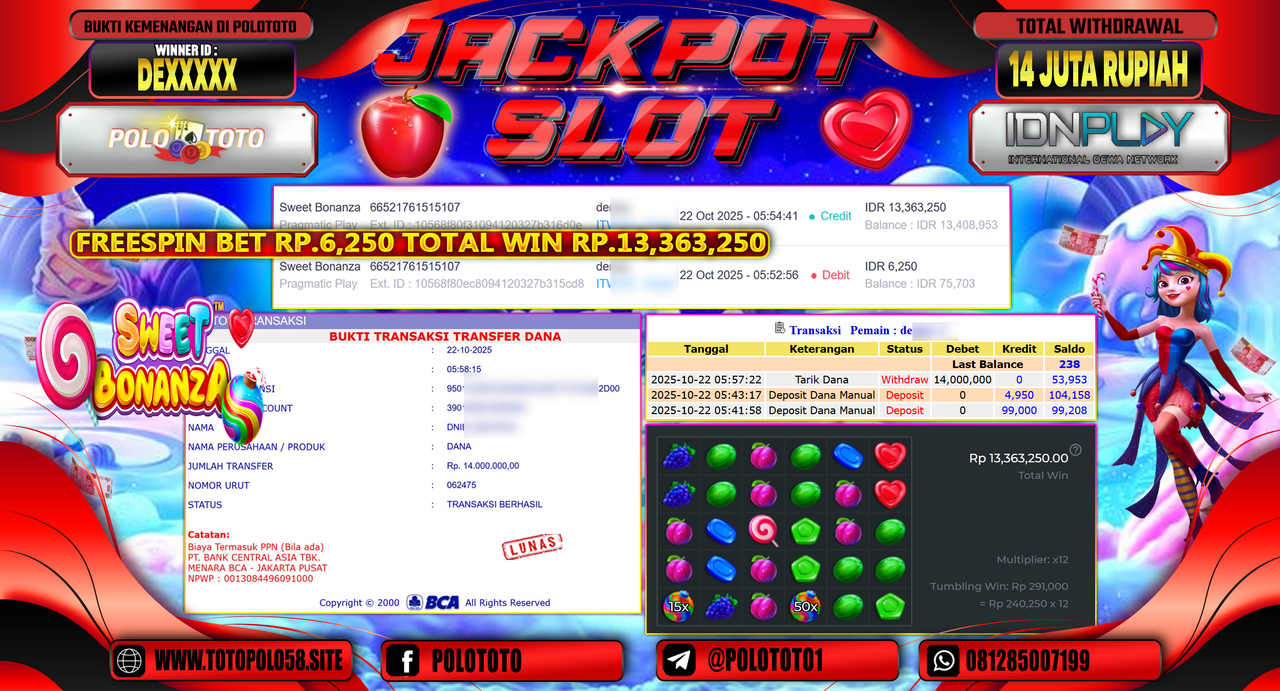 POLOTOTO JACKPOT SLOT SWEET BONANZA Rp.14.000.000,- LUNAS