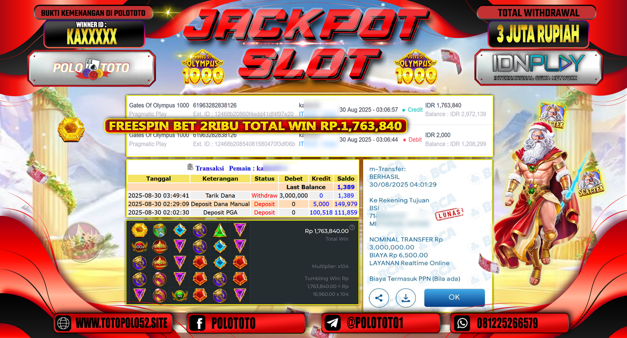 POLOTOTO JACKPOT SLOT GATES OF OLYMPUS 1000 Rp.3.000.000,-