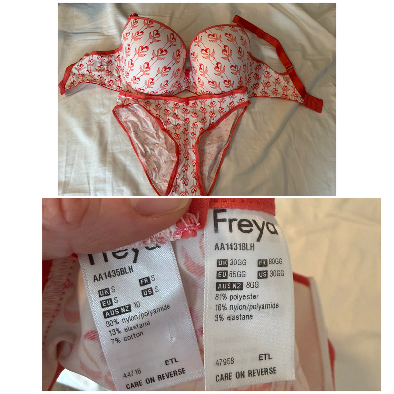 Freya Deco Flamingo 30GG bra + S brief EUC, $22