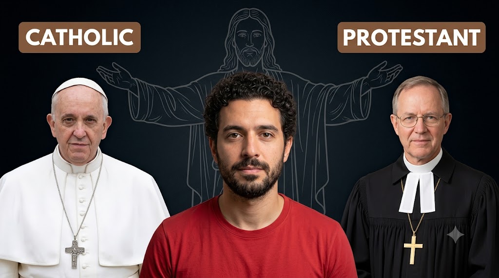 AI-generated example result for the youtube-thumbnail prompt: Religious & Educational – "CATHOLIC / PROTESTANT" | Faith And Religion Educational Youtube Thumbnail AI YouTube Thumbnail Prompt
