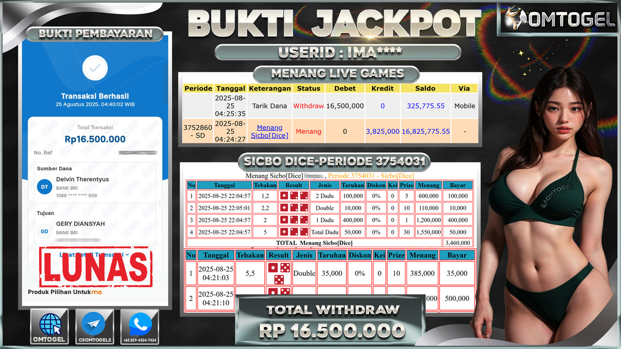 OMTOGEL JACKPOT LIVE GAMES SICBO DICE 16 JUTA DI BAYAR LUNAS ,-
