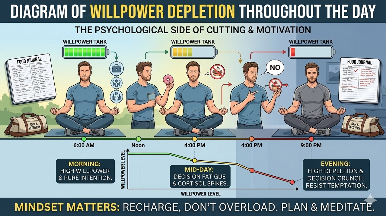 Diagram showing willpower depletion throughout day for psychological side of cutting and how to stay motivated
