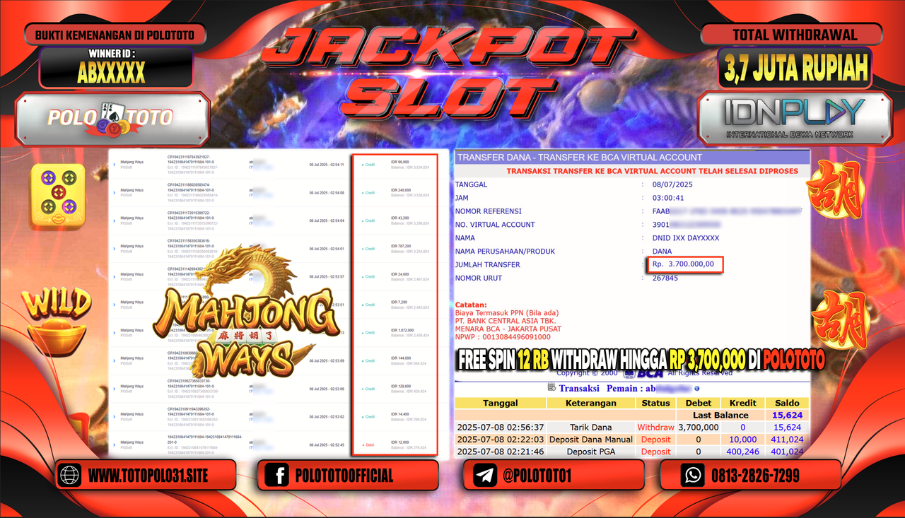 POLOTOTO JACKPOT SLOT MAHJONG WAYS Rp.3.700.000,-
