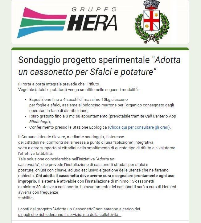 Rifiuti: Sondaggio progetto sperimentale “Adotta un cassonetto per sfalci e potature”