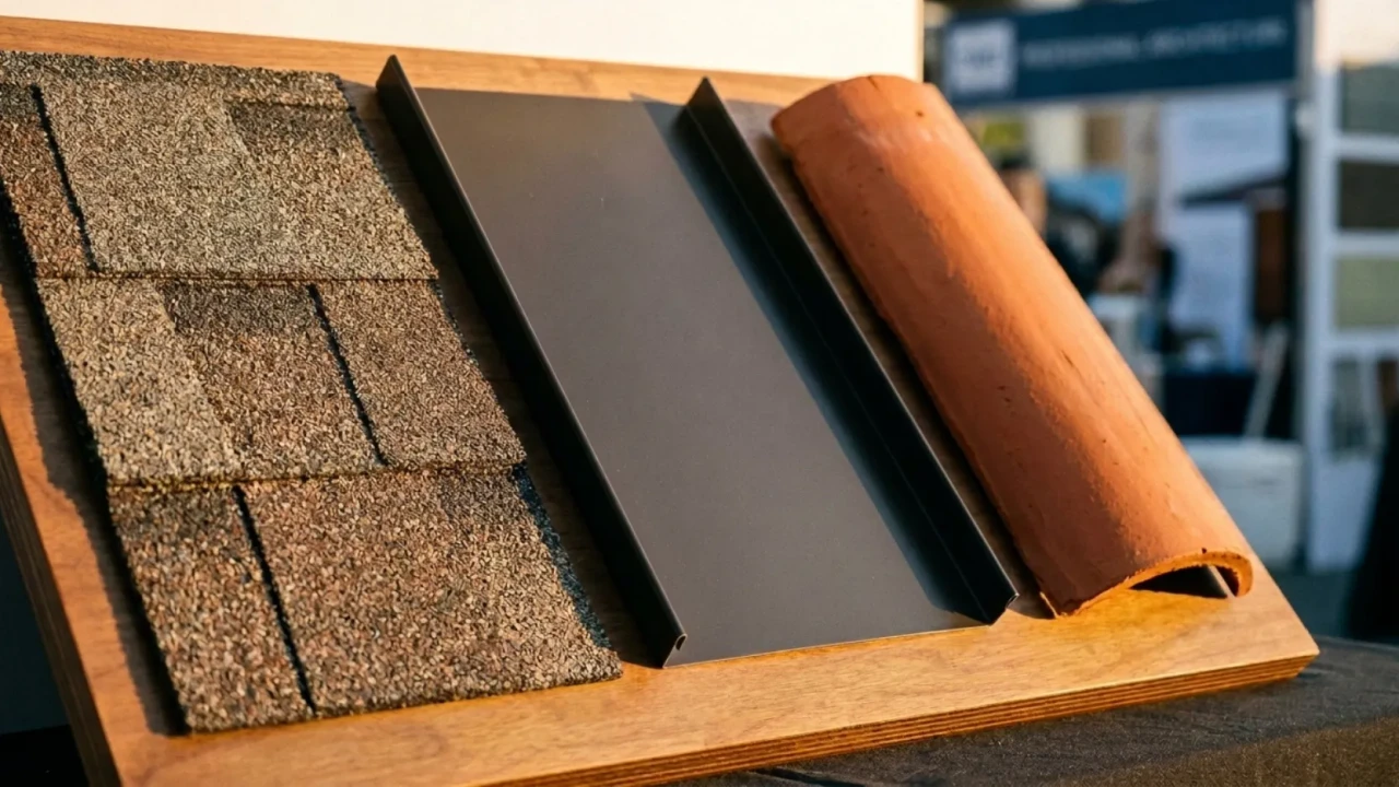 Roofing material samples including asphalt shingle, metal panel, and clay tile used in San Antonio
