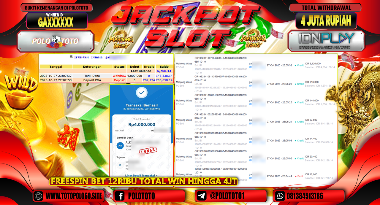 POLOTOTO JACKPOT SLOT MAHJONG WAYS Rp.4.000.000,- LUNAS