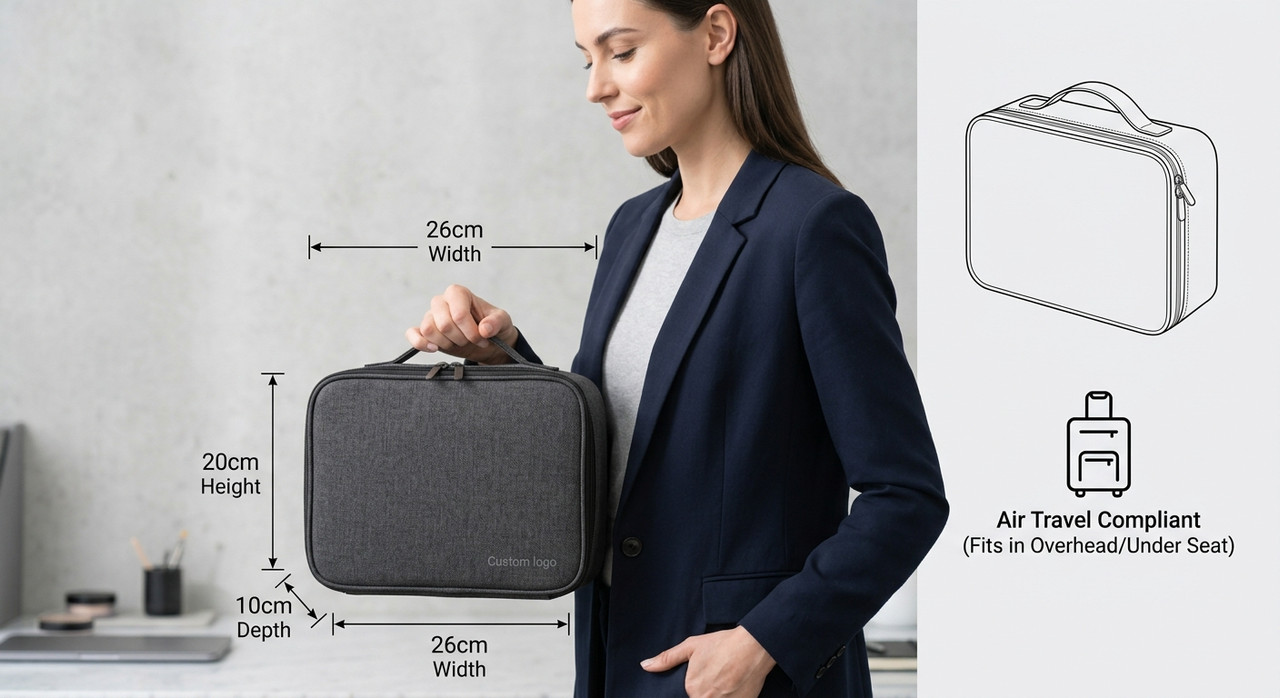 Premium custom essential oil bags and cosmetic cases designed for retail brands, featuring an opened organizer with EVA protection for bottles and a closed grey canvas case with a customizable logo patch. Overlaid text reads 'CUSTOM CASES, CURATED FOR BRANDS. Premium Custom Essential Oil Bags & Cosmetic Cases for Retail Growth' with feature tags and a 'BUILD YOUR COLLECTION' button.