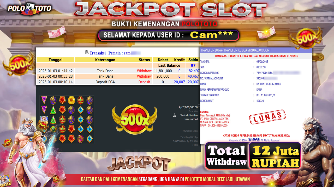 POLOTOTO JACKPOT SLOT GATES OF OLYMPUS 1000 Rp.12,000.000,-