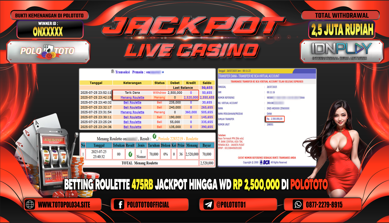POLOTOTO JACKPOT LIVE CASINO MENANG ROULETTE Rp.2.500.000,- LUNAS