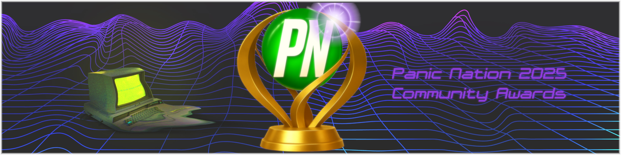 A trophy with the Panic Nation orb in the center sits on a digital landscape with a melting computer. Text to the right of the trophy reads "Panic Nation 2025 Community Awards".