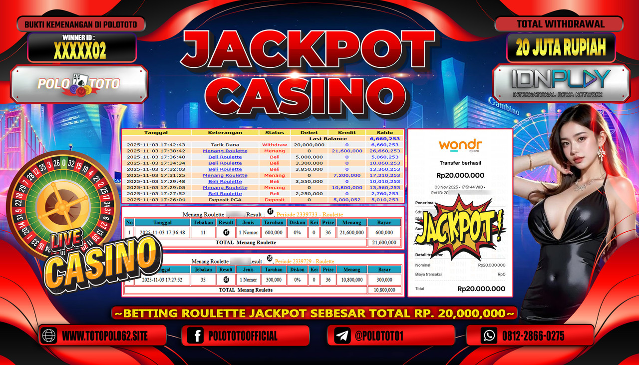 POLOTOTO JACKPOT CASINO MENANG ROULETTE Rp.20.000.000,- LUNAS