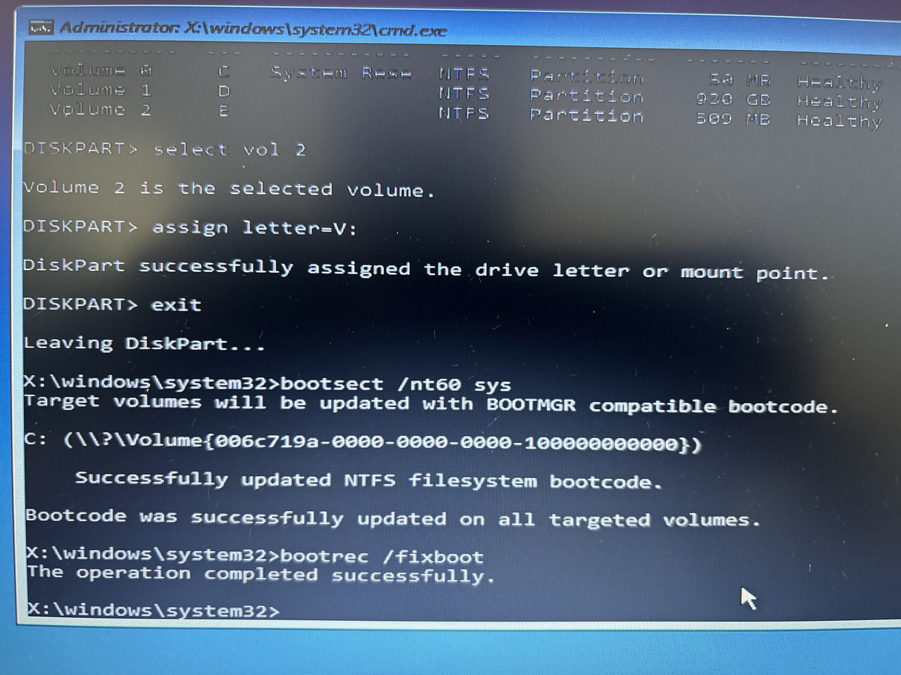 Bootsect /nt60 — boot sector repair