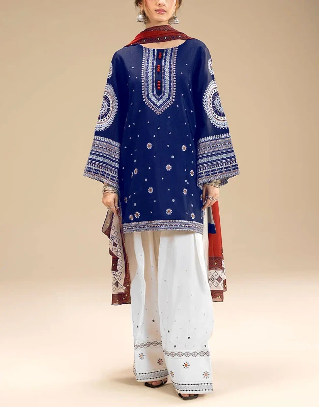 Navy Blue Embroidered Dhanak Winter Dress for Girls – Unstitched Warm Outfit with Kotrai Shawl