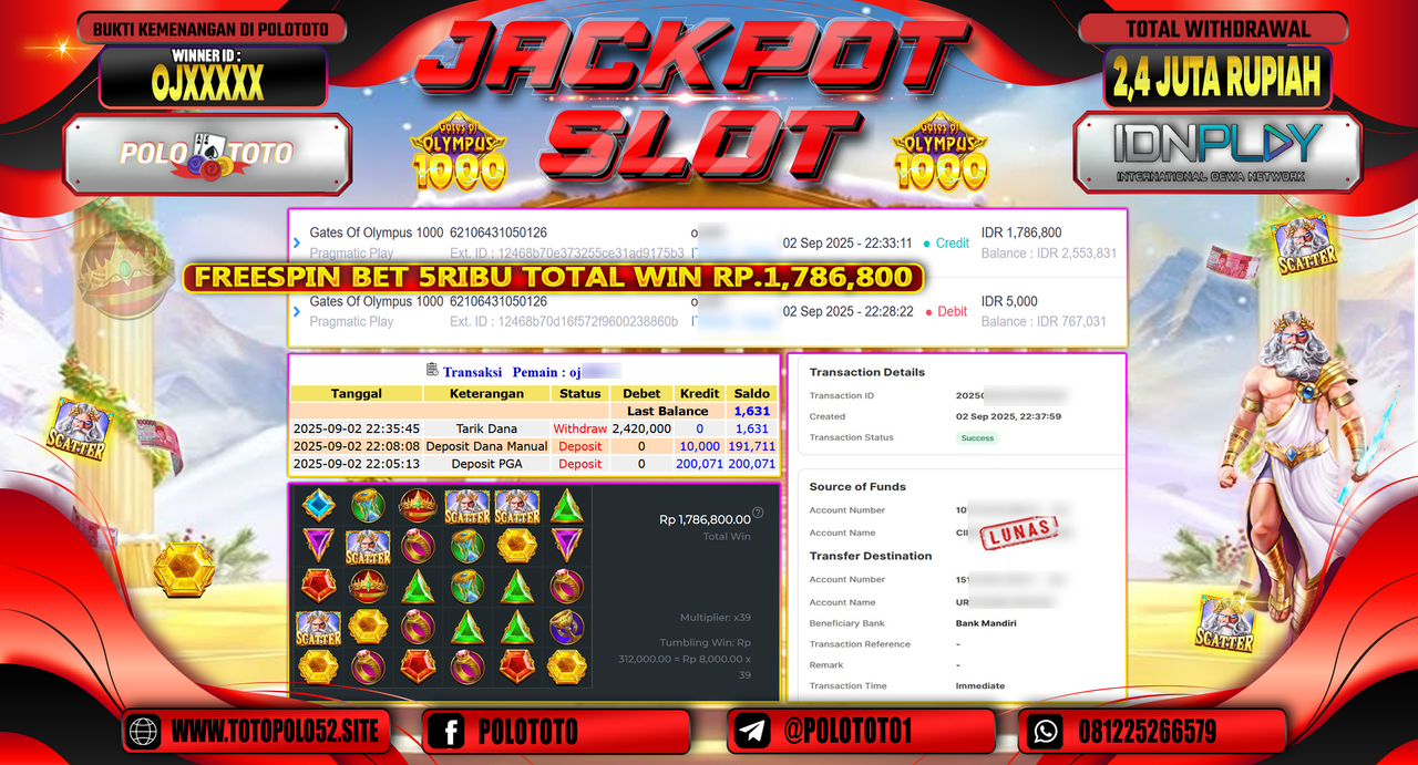 POLOTOTO JACKPOT SLOT GATES OF OLYMPUS 1000 Rp.2.420.000,-