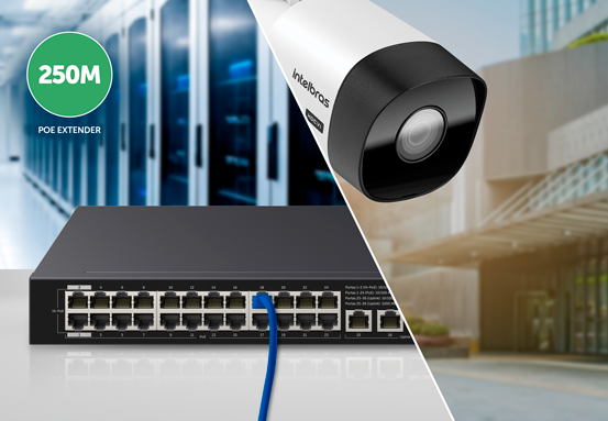 Switch Intelbras S1126F-HPA com indicação de conexão de longo alcance