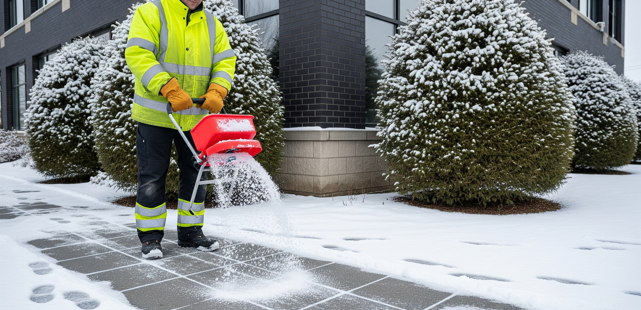 Worker spreading salt for ice control in London Ontario