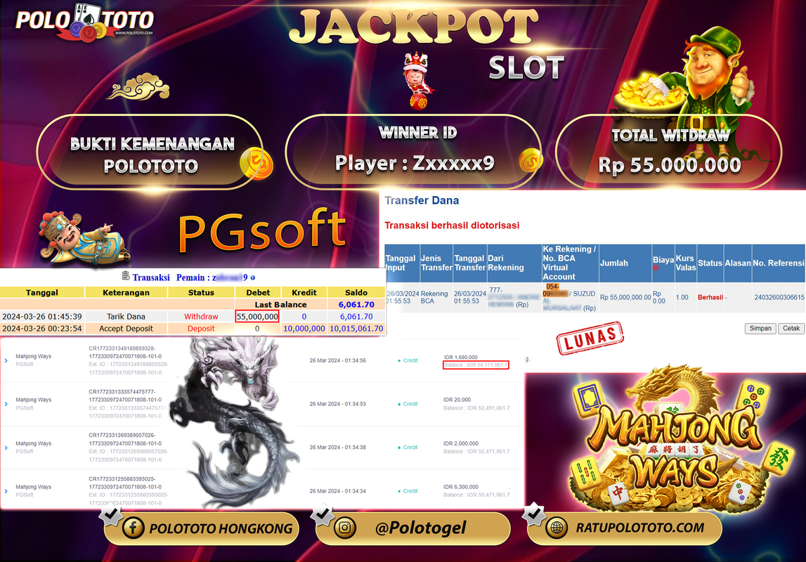 POLOTOTO BUKTI JACKPOT SLOT MAHJONG WAYS Rp 55.000.000,- LUNAS