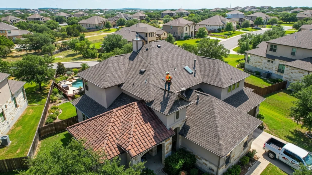 Roofing contractor inspecting residential roof in San Antonio Texas