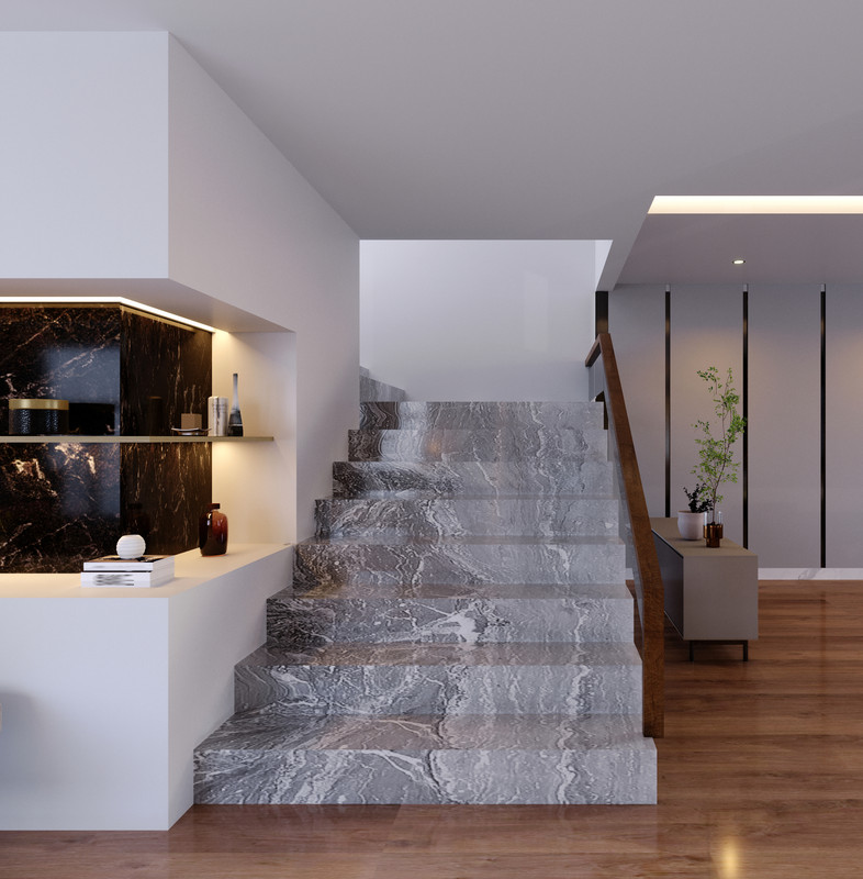 Contemporary Straight Staircase Design with Tile and Concrete