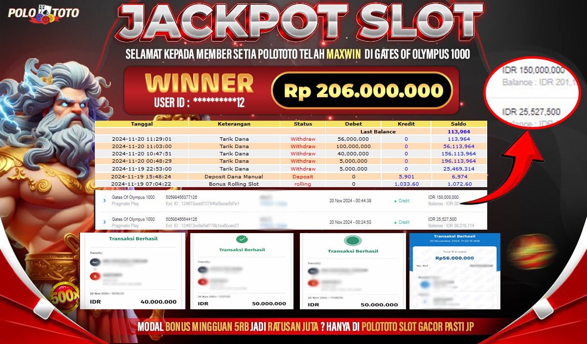 POLOTOTO JACKPOT SLOT GATES OF OLYMPUS Rp.206.000.000,- 