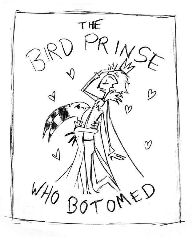 Blitz's drawing of a book with the misspelled title The Bird Prince Who Bottomed and little drawings of himself and Stolas on the cover