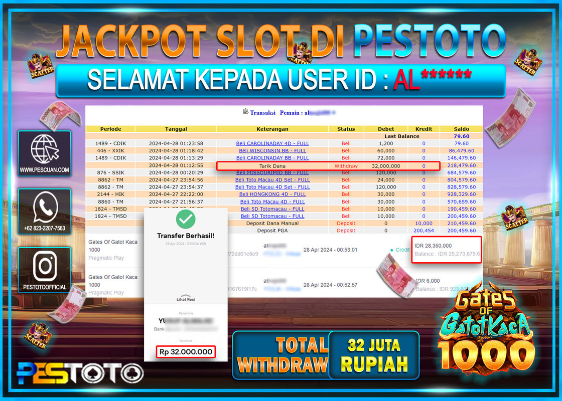 HANYA DI PESTOTO JP PASTI DI BAYAR LUNAS DAN CEPAT!!!!!! JP SLOT{ GATES OF GATOT KACA 1000  } Rp.32.000.000 !!!!!