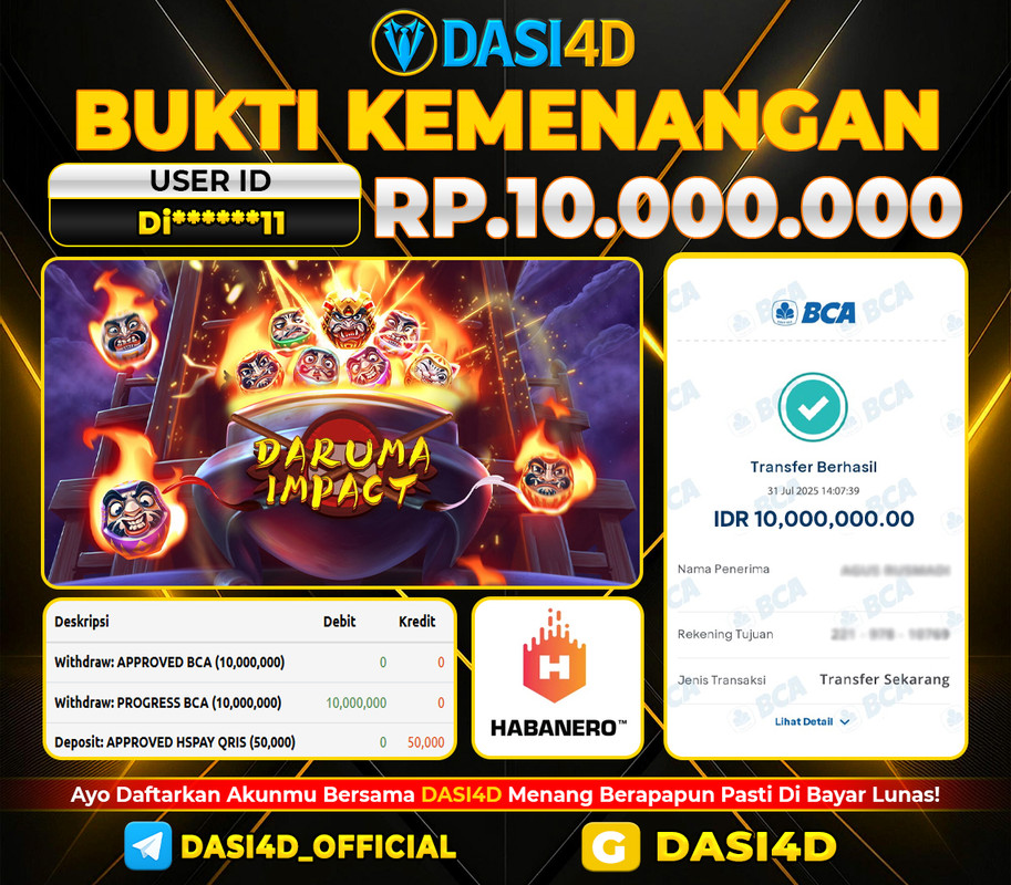 BUKTI KEMENANGAN 31 JULI DI DARUMA IMPACT RP 10.000.000