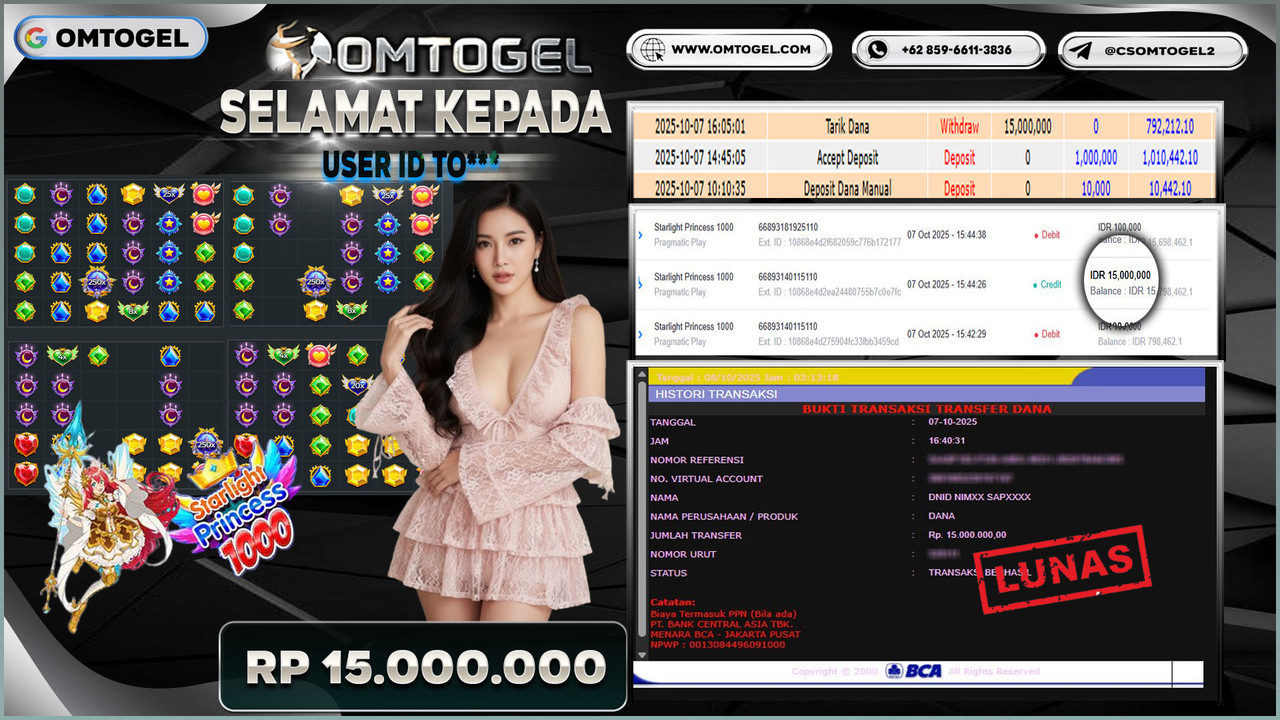 OMTOGEL JACKPOT PRAGMATIC PLAY STARLIGHT PRINCESS 1000 15 JUTA DI BAYAR LUNAS ,-