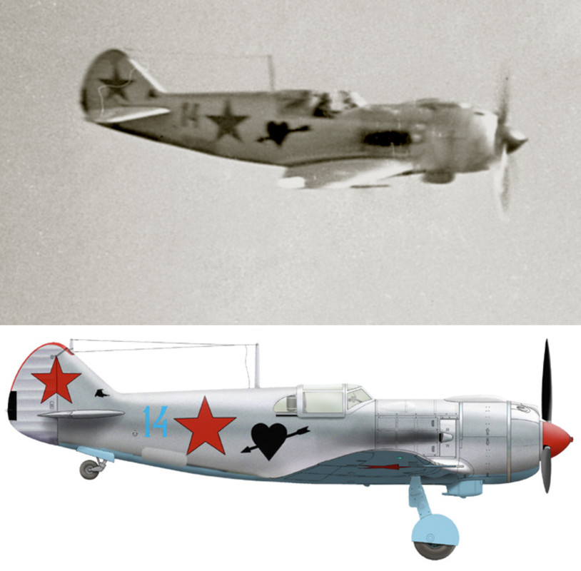 Lavochkin-La-5-unknown-unit-Blue-14-with-Black-heart-emblem-in-flight-ebay-0A