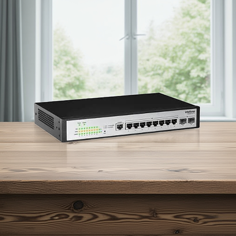 Vista frontal do Switch Desktop Intelbras SG 1002 PoE L2+, destacando as 8 portas Gigabit PoE e 2 portas SFP.