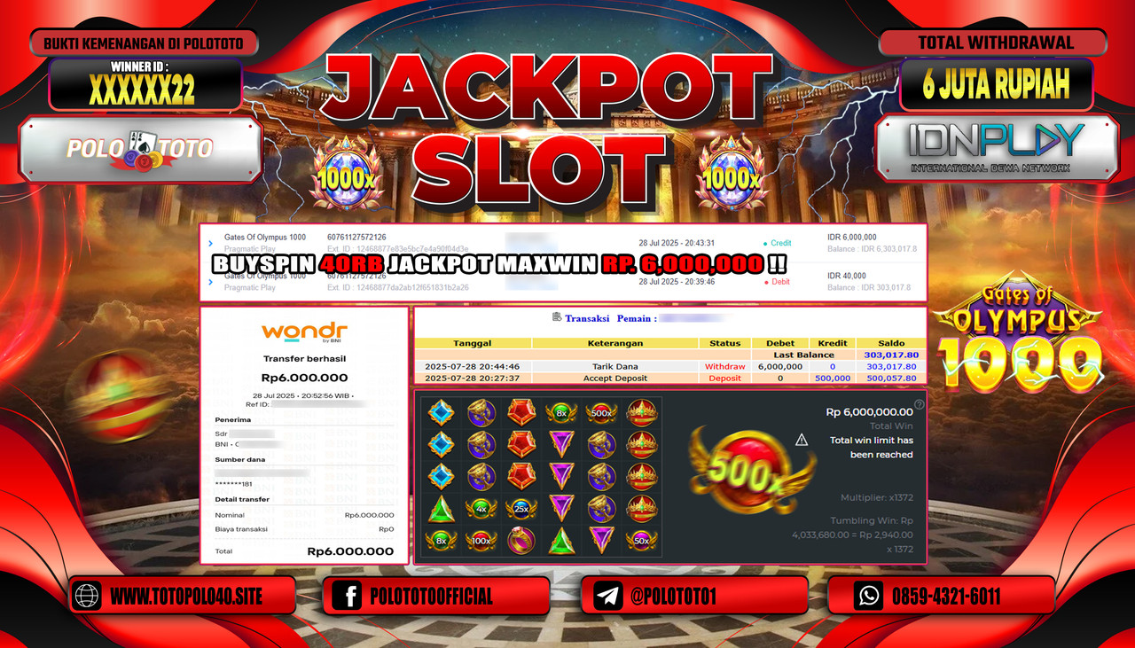 POLOTOTO JACKPOT SLOT GATES OF OLYMPUS 1000 Rp.6.000.000,- LUNAS
