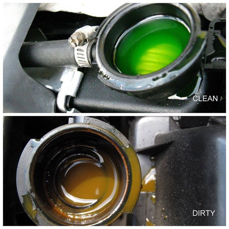 Clean green coolant compared with dirty brown coolant
